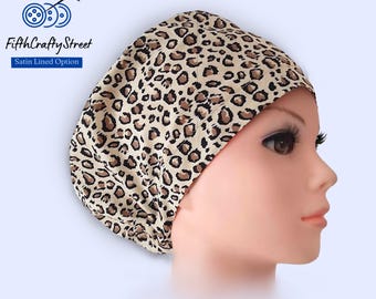 Euro Scrub Cap - Adjustable by toggle - Satin Lining option - Animal print Cheetah -