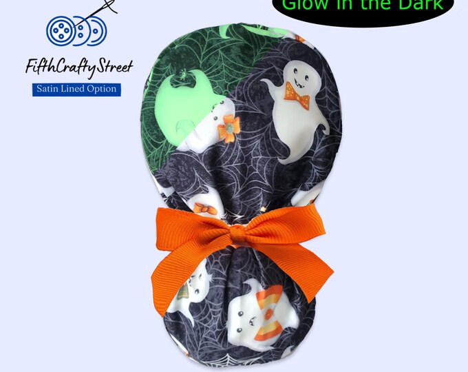 Ponytail Scrub Cap for Women - Glow in the Dark- Surgical Cap with Silky Satin Lining Option - Ghost - Halloween - FifthCraftyStreet