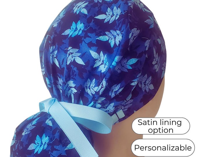 Blue Pinnate - Ponytail Scrub Cap for Women - Surgical Cap Satin Lined Option -