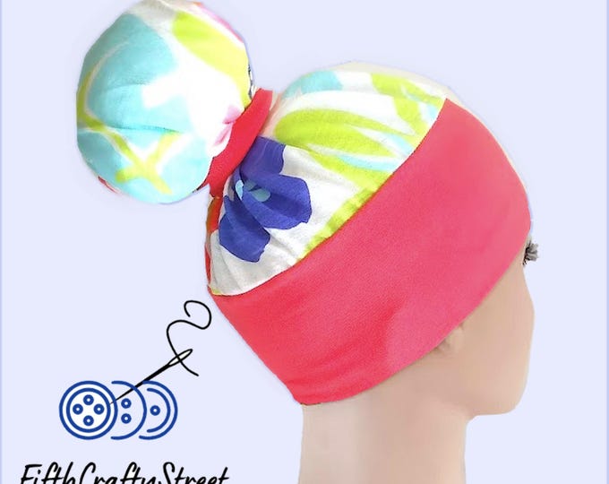 High Bun Scrub Cap, Stretchy Knit Jersey Hats, pink Coral Floral - FifthCraftyStreet