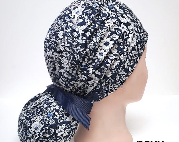 Navy Ponytail Scrub Cap for Women - Floral Surgical Cap with Ponytail Holder - FifthCraftyStreet