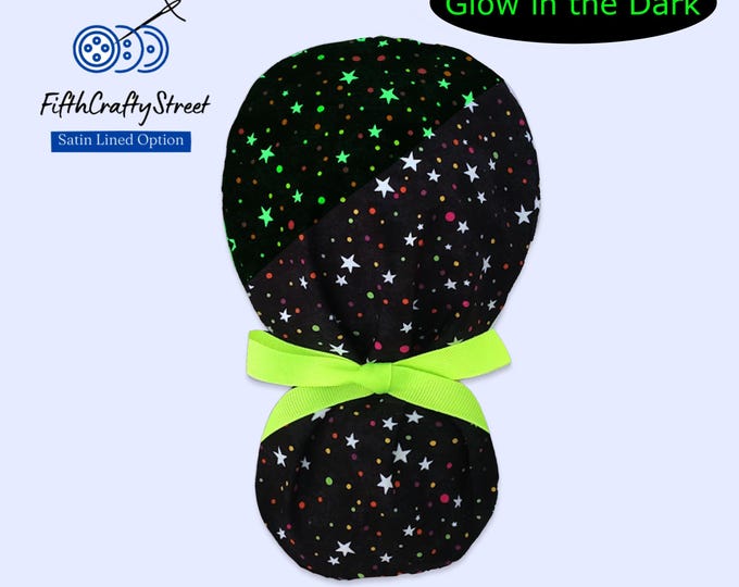 Ponytail Scrub Cap for Women - Glow in the Dark- Surgical Cap with Silky Satin Lining Option - Stars - FifthCraftyStreet