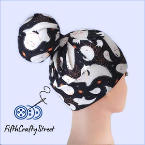 High Bun Scrub Cap, Stretchy Knit Hats, Halloween Ghost -