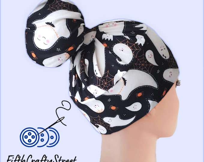 High Bun Scrub Cap, Stretchy Knit Hats, Halloween Ghost - FifthCraftyStreet