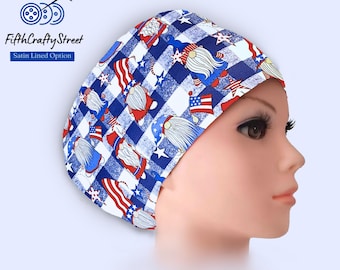 Patriotic Gnomes Euro Scrub Cap: 4th of July Surgical Cap with Satin Lining Option
