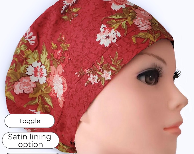 Red Novelty Floral Euro Scrub Cap for Nurses – Adjustable Toggle | Optional Satin Lining