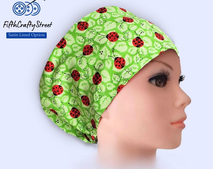 Euro Scrub Cap for Women - Ladybug- Adjustable - Satin Lined option - FifthCraftyStreet
