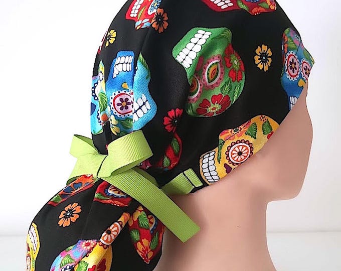 Ponytail Scrub Cap - Day of the Dead - Satin Lined - Personalization option - FifthCraftyStreet