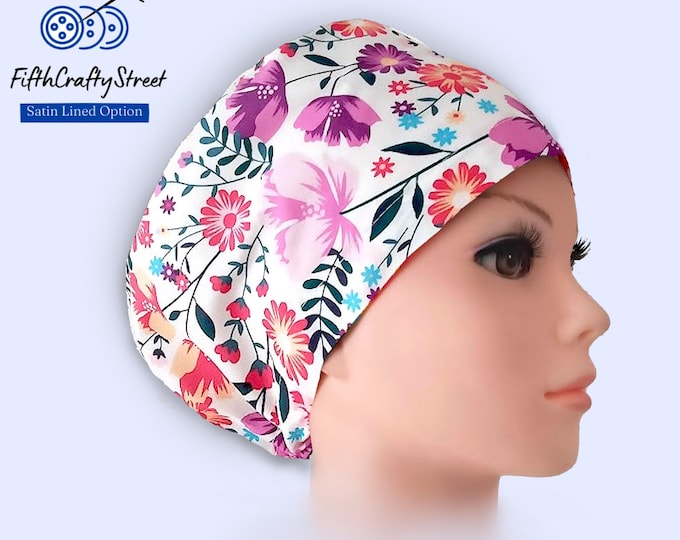 Euro Scrub Cap - Floral - Adjustable - Satin Lining option -