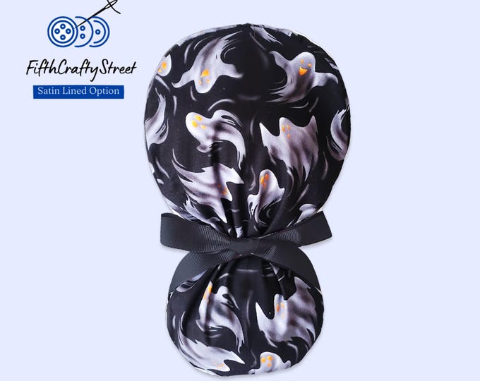 Scrub Cap Ponytail - Ghost - Surgical Cap with Satin Lining option - FifthCraftyStreet
