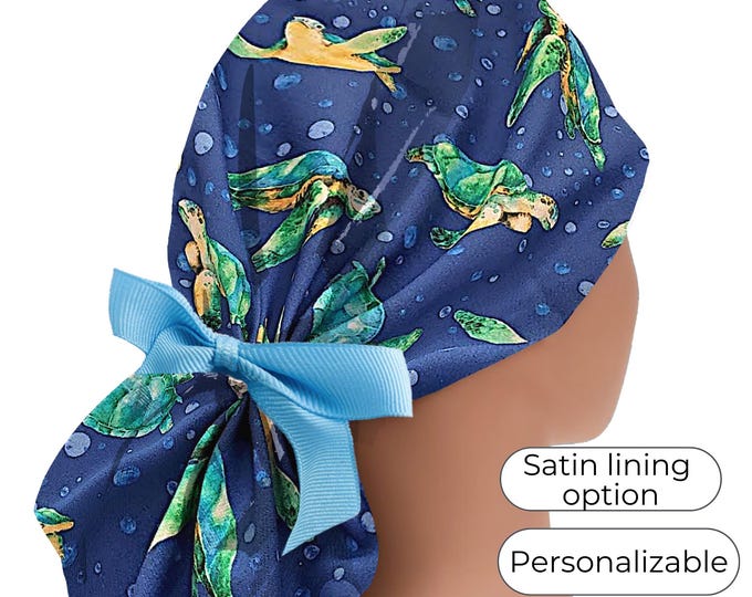 Sea Turtle Ponytail Scrub Cap for Women - Surgical Cap Satin Lined Option - FifthCraftyStreet