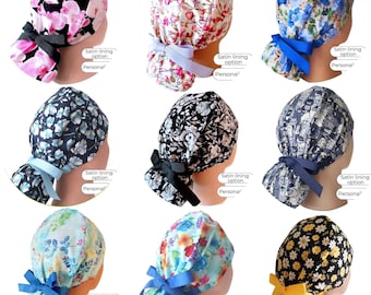 Satin Lined Ponytail Scrub Cap Floral: Buttons, Personalization Option