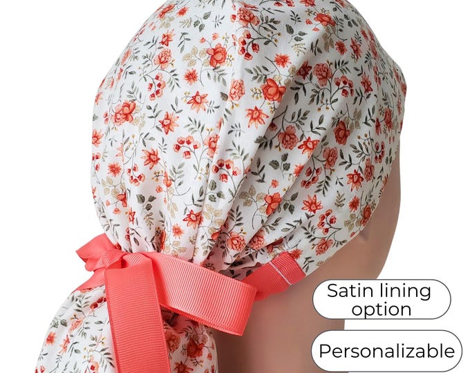Scrub Hat Ponytail Style with Satin Lining Option: coral Floral Print