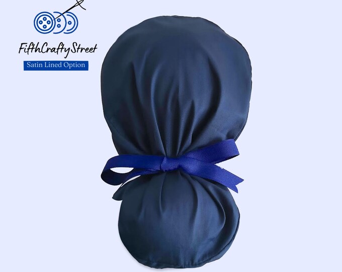 Solid Dark Blue Ponytail Scrub Cap for Women - Surgical Cap with Satin Lined Option - FifthCraftyStreet
