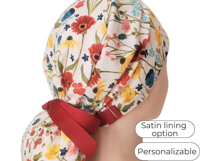 Wildflower Ponytail Scrub Cap: Satin-Lining, Personalization option