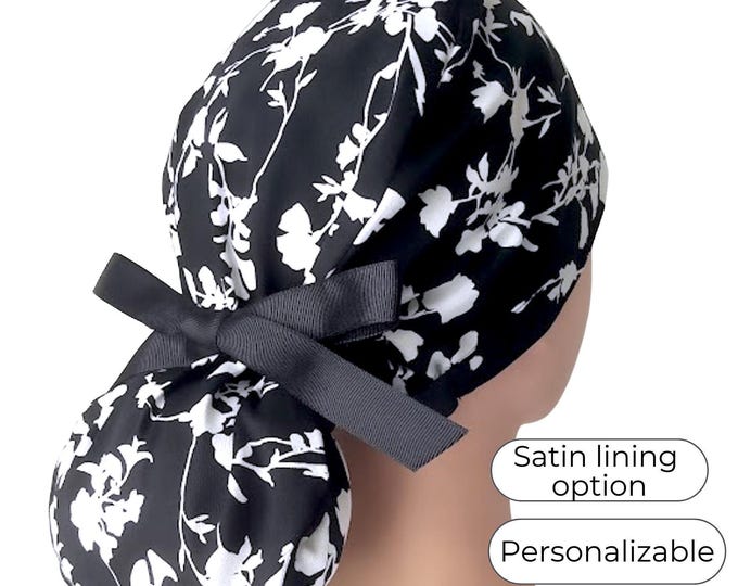 Floral Ponytail Scrub Cap: Black & White Cotton Surgical Hat with Satin Lining