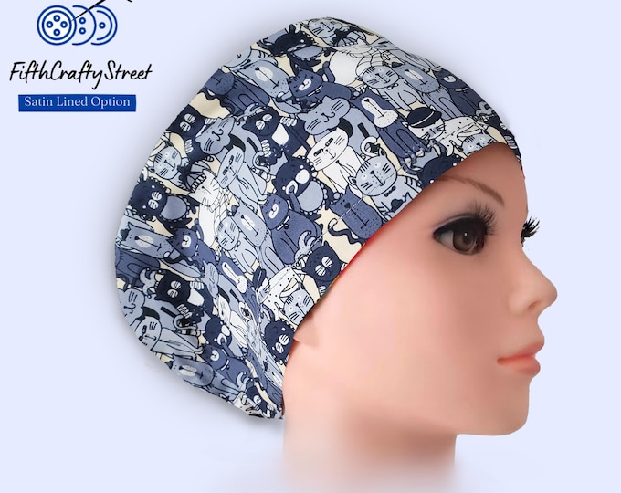 Feline Friends - Cats Euro Scrub Cap - Adjustable - Satin Buttons Lined option