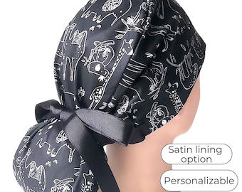 Ponytail Scrub Cap Satin Lined Personalized  : Black Animal Print