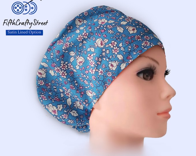 Floral blue Euro Scrub Caps - Adjustable - Satin Lining option -