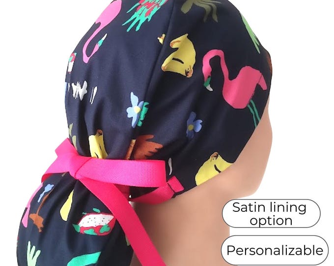 Flamingo Ponytail Scrub Cap: Hawaii Print, Satin Lined Cotton Nurse Hat