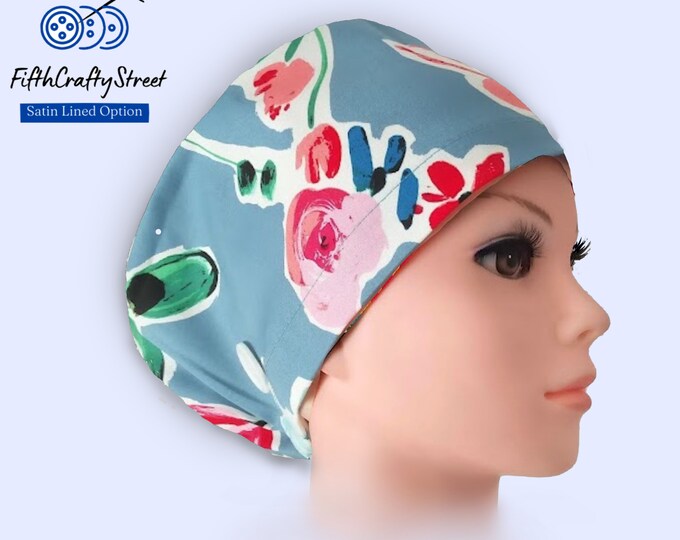 Floral - Euro Scrub Caps - Adjustable - Satin Lining option - FifthCraftyStreet