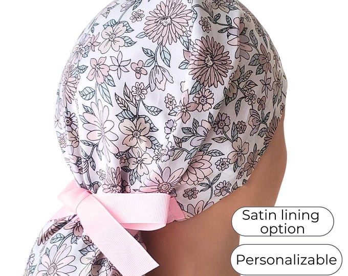 Light Pink Floral Ponytail Scrub Cap Satin Lined Surgical Hat for Women