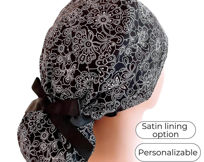 Floral Black/White Ponytail Scrub Cap for Women - Surgical Cap with Satin Lining Option -