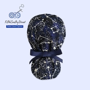 scrub hats ponytail, Constellation, Glow-in-the Dark,  scrub cap with buttons, Satin Lining option