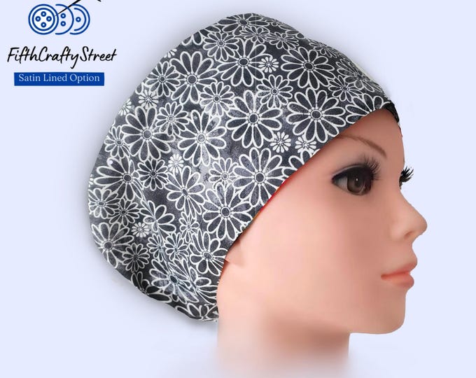 Midnight Daisy - Euro Scrub Cap - Adjustable - Satin Buttons Lined option