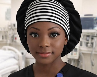 Stretchy Bouffant Scrub Cap stripes and black, buttons optional