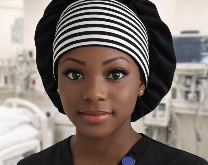 Stretchy Bouffant Scrub Cap stripes and black, buttons optional