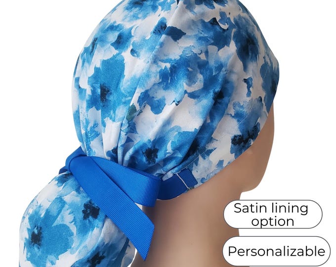 Blue Bloom - Ponytail Scrub Cap for Women - Surgical Cap Satin Lined Option - FifthCraftyStreet