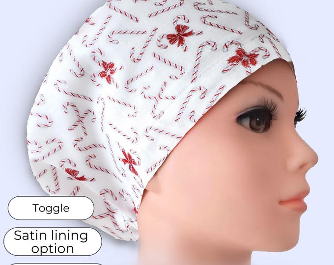 Candy Cane Euro Scrub Cap Satin Lined Adjustable Christmas Surgical Hat
