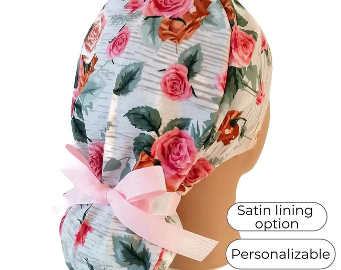 Satin Lined Scrub Cap Ponytail style - Rose Surgical Cap for Women - FifthCraftyStreet