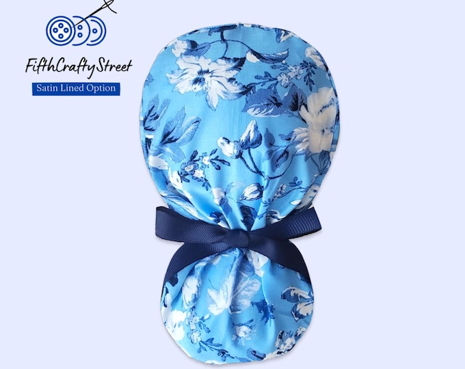 Ponytail Scrub Cap - Surgical Cap - Silky Satin Lined Option - Blue Floral - Lightweight Cotton - FifthCraftyStreet