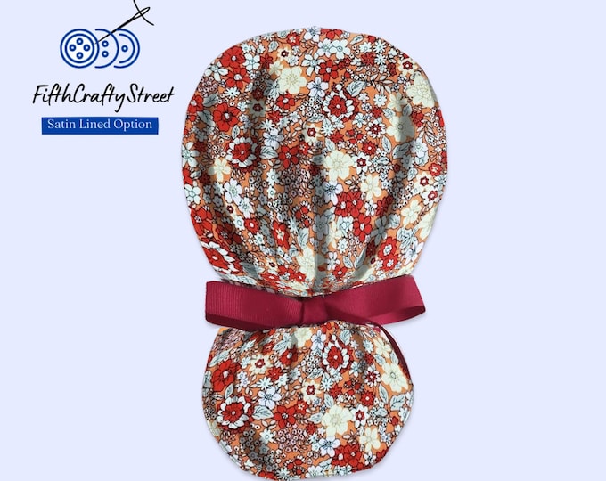 Fall Ponytail Scrub Cap for Women - Floral Surgical Cap with Satin Lined Option - FifthCraftyStreet