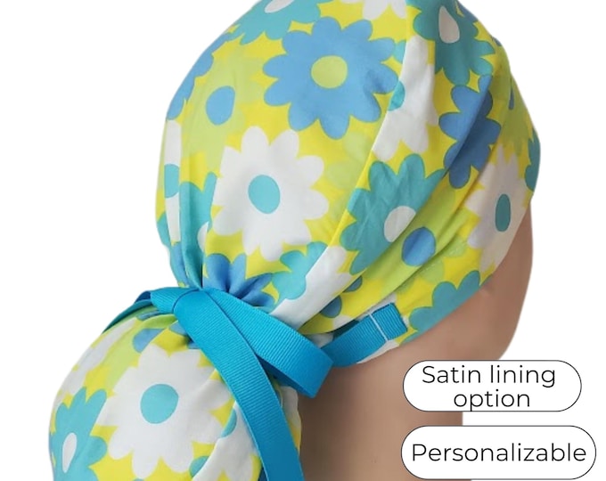 Floral Ponytail Scrub Cap for Women - Surgical Cap with Satin Lining Option - lightweight Cotton - FifthCraftyStreet