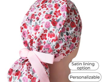Ponytail Scrub Cap, Pink Heart Glitter Pattern: Personalization, Satin Lining, Buttons Option