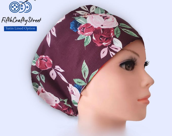Berry Rose Euro Scrub Cap: Satin Lined Cotton Nurse Hat with Buttons