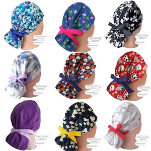 Satin Lined option Ponytail Scrub Caps: Floral print, Personalization, buttons option