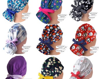 Satin Lined Ponytail Scrub Caps: Floral print, Personalization, buttons option