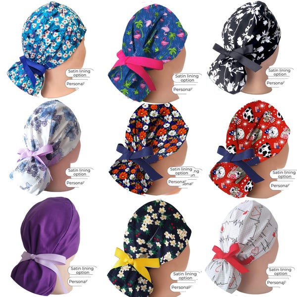 Satin Lined option Ponytail Scrub Caps: Floral print, Personalization, buttons option