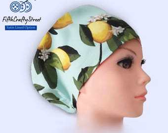 Lemon Print Euro Scrub Cap: Satin Lined Option , Adjustable Cotton Surgical Cap