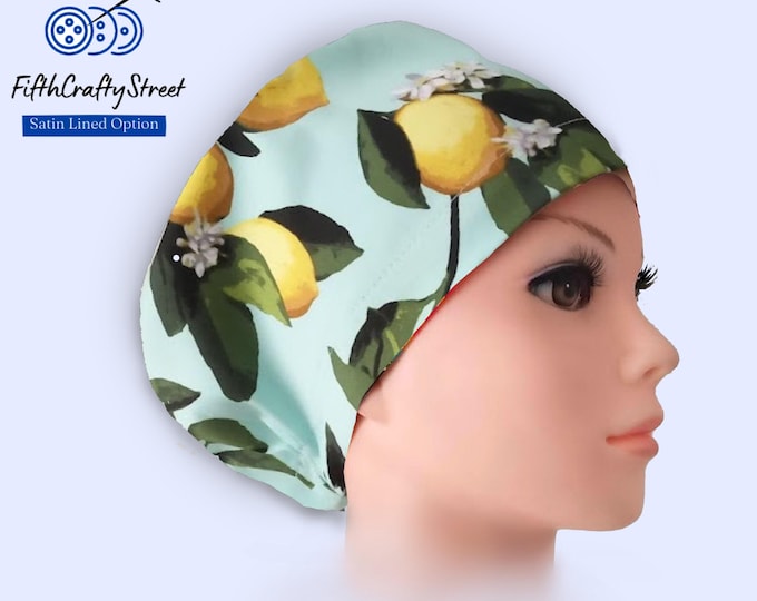 Lemon Print Euro Scrub Cap: Satin Lined, Adjustable Cotton Surgical Cap