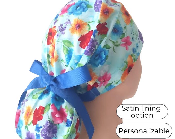 Satin Lined Scrub Cap Ponytail style:Floral pattern