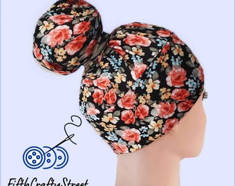 High Bun Scrub Cap, Stretchy Knit Hats, Fall Pattern - FifthCraftyStreet
