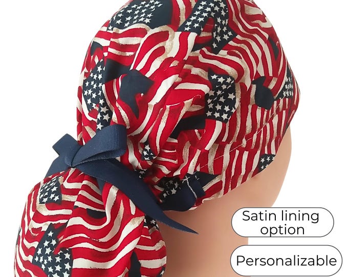 Patriotic - 4th July - Women’s Scrub Caps  - Satin Lining option - American flag - FifthCraftyStreet