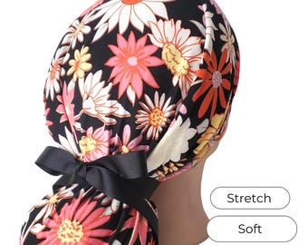 Stretch Floral Ponytail Scrub Cap Adjustable: Daisy Print Nurse Cap