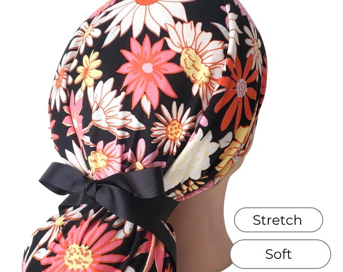 Stretch Floral Ponytail Scrub Cap Adjustable: Daisy Print Nurse Cap
