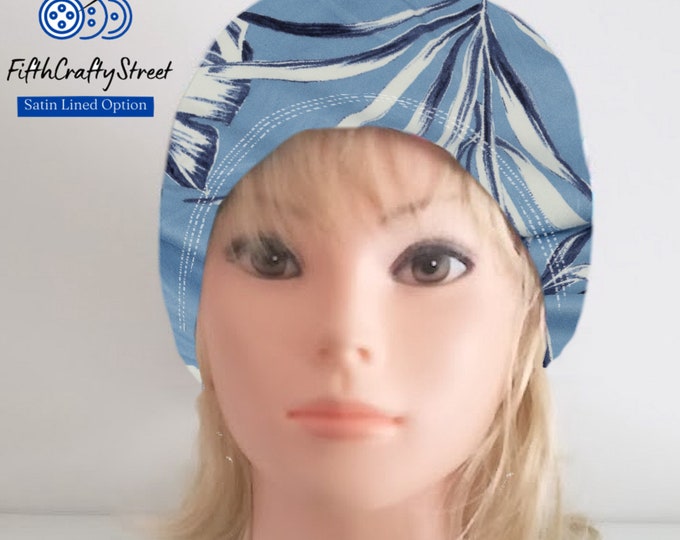 Stretchy Scrub Caps - Surgical Cap - Floral Dusty Blue - Scrub Cap Euro Style - FifthCraftyStreet